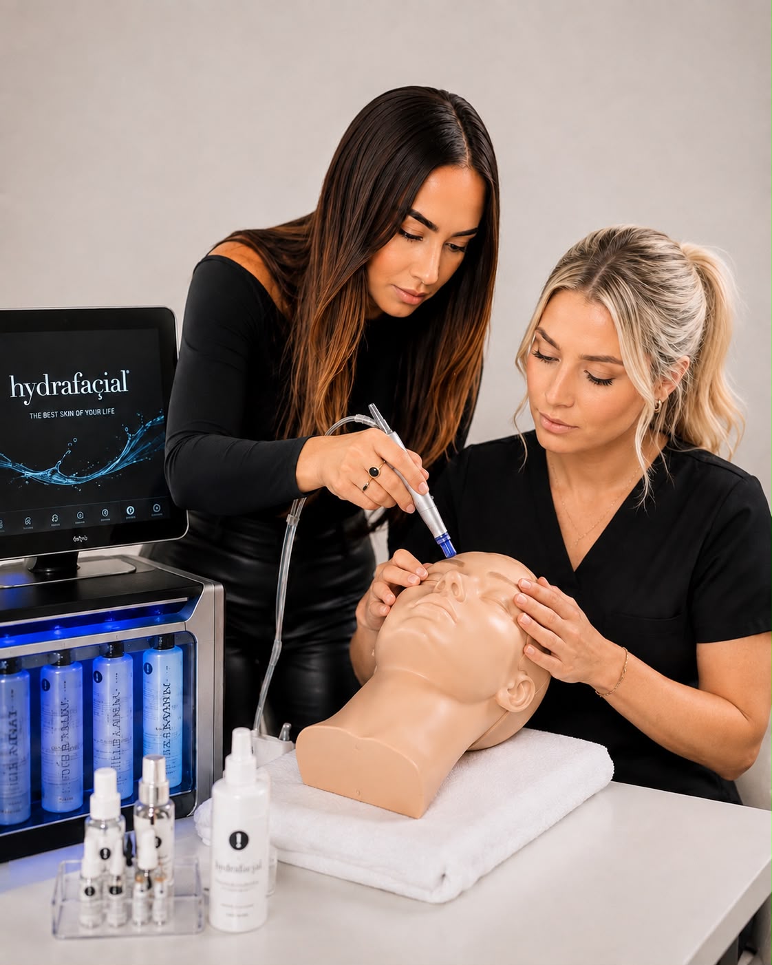 Sabrina B. forme une élève au protocole Hydrafacial, en formation SB Academy