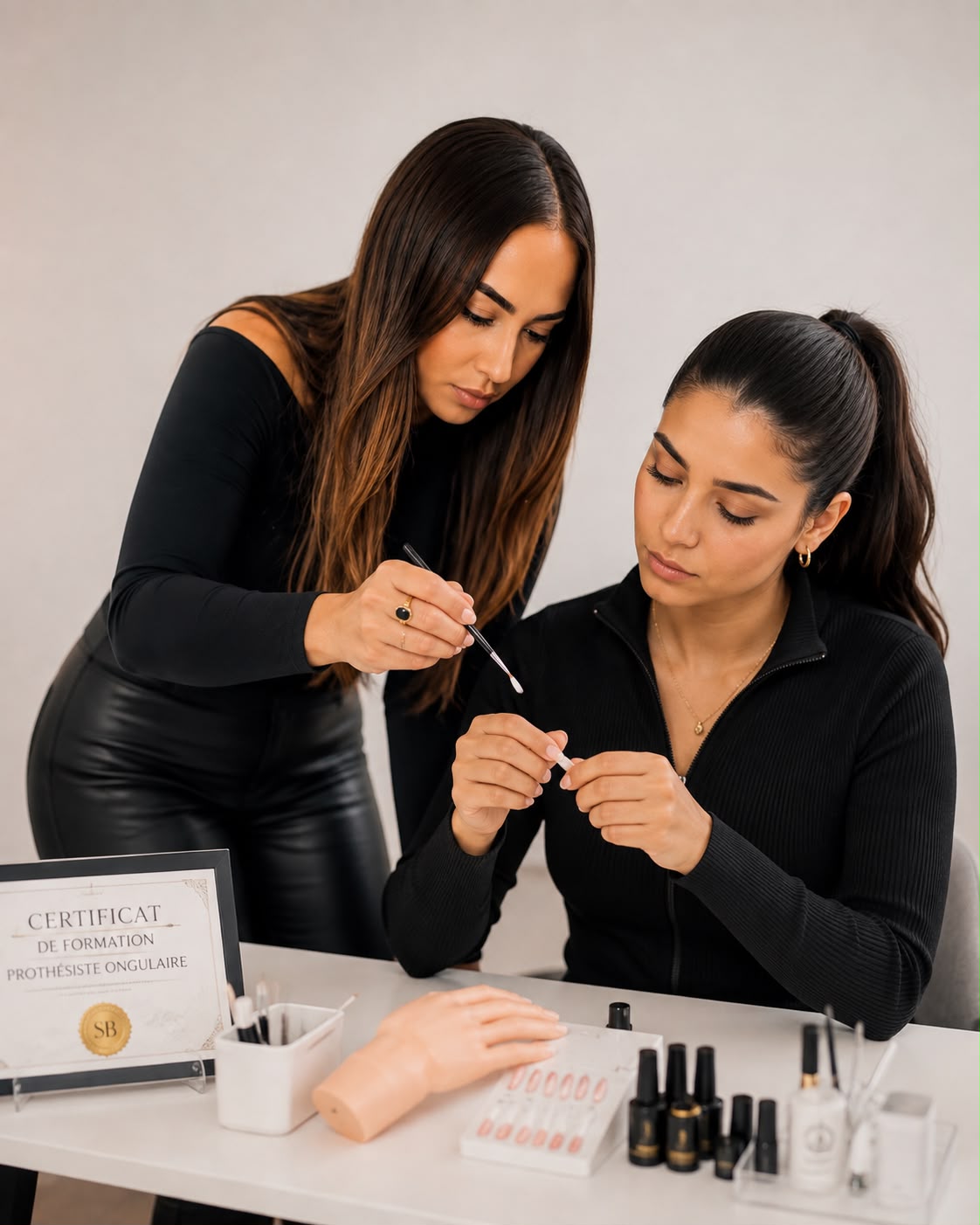 Sabrina B. accompagne une élève sur une pose d'ongles, en formation prothésiste ongulaire SB Academy